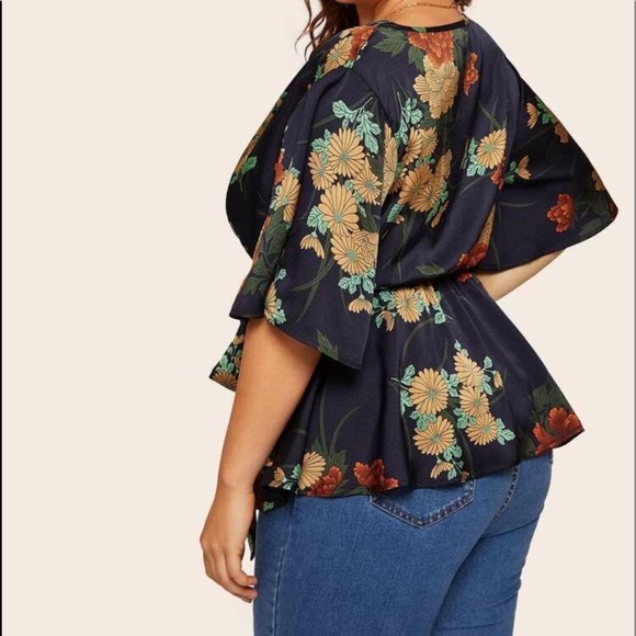 PLUS floral print peplum knot wrap self tie blouse - Picture 3 of 5